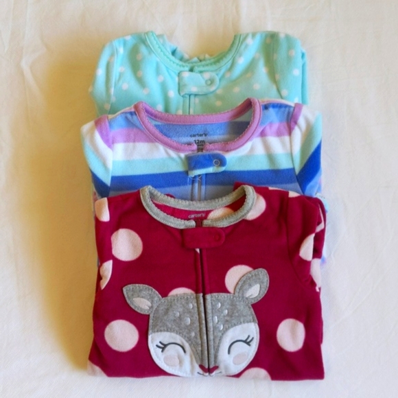 carter's 3-pack fleece zipper footie sleeper pajamas bundle 12 months baby girl - Picture 1 of 10